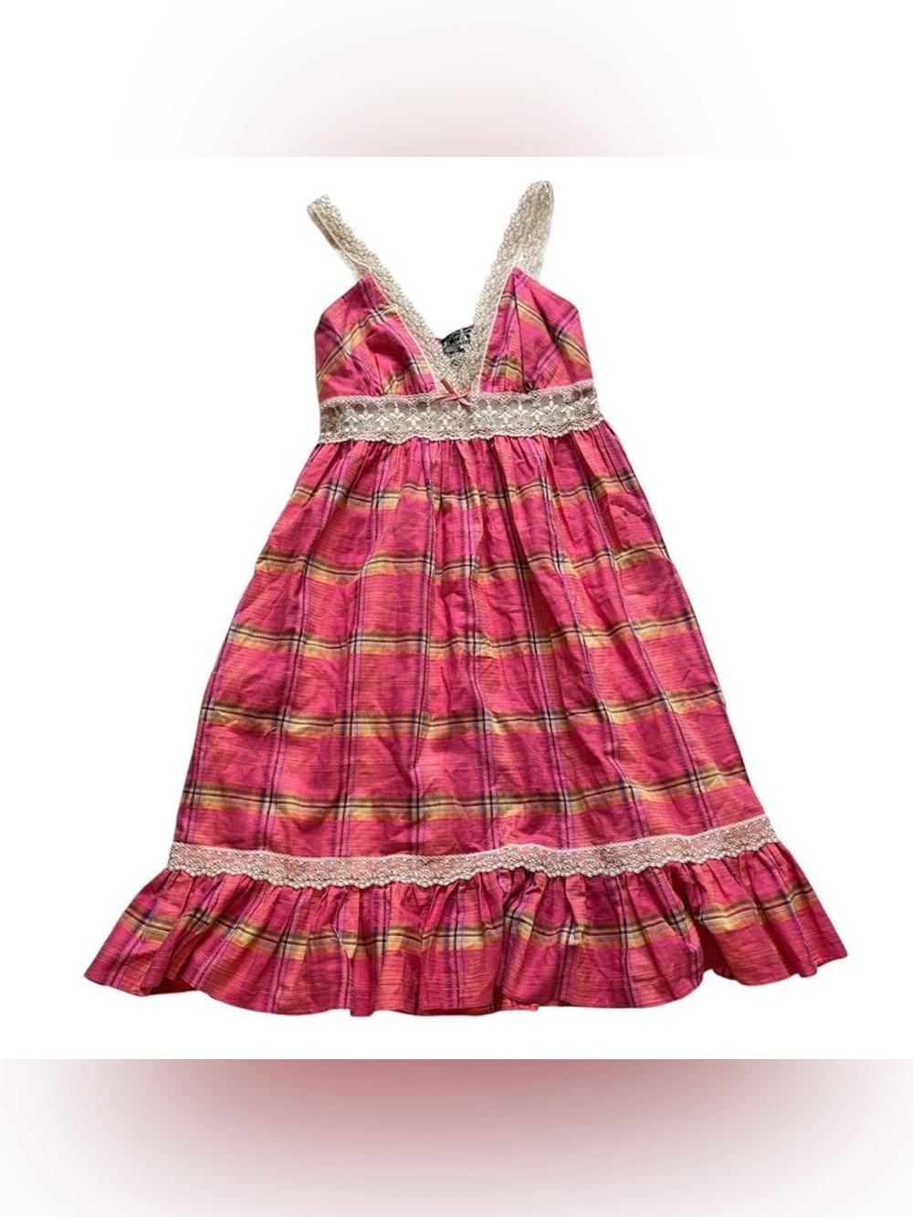 James Coviello Pink Yellow Plaid Lace Trim Bow Detail Sun Dress 8